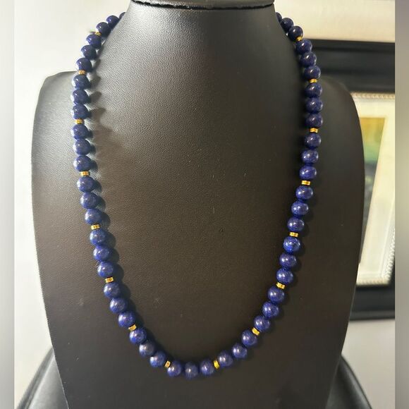 20" Revived 8mm beaded lapis lazuli necklace with gold tone accents, 925 clasp! - Picture 12 of 12